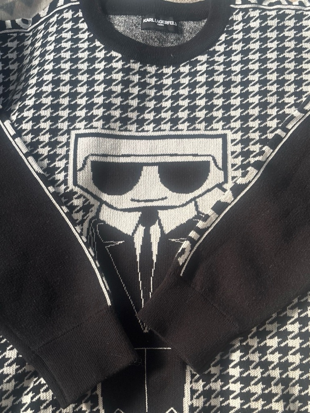 Karl Lagerfeld Black and White Houndstooth Crewneck Sweater with Karl Graphic